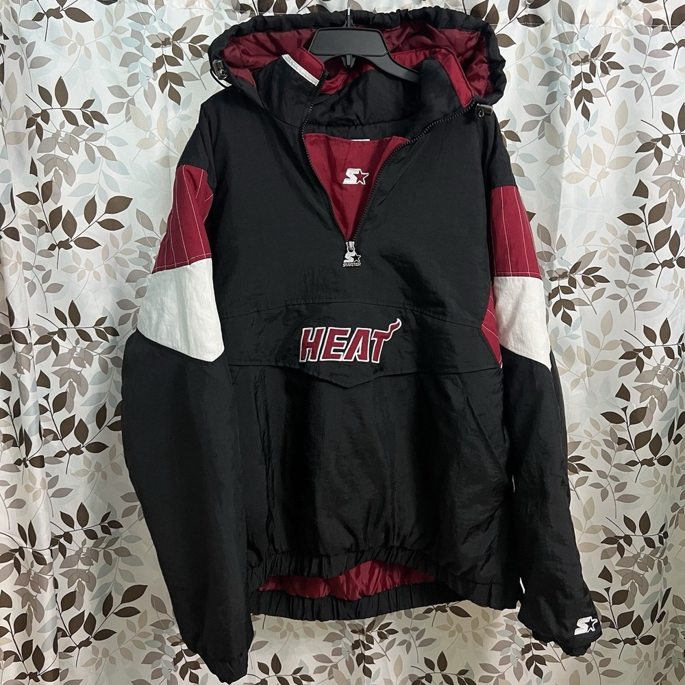Retro Miami Heat Jacket Mens XL Black Red NBA Basketball Starter Anorak 1/4 Zip
